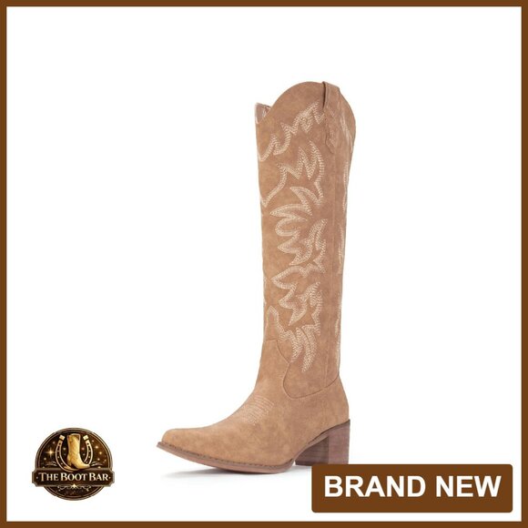 Shoes - Women's Knee High Cowboy Boots Snip Toe Side Zipper Chunky Heel